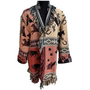 WRAPPER VINTAGE NATIVE WESTERN TAPESTRY FRINGE WRAP BLANKET COAT JACKET SIZE OS